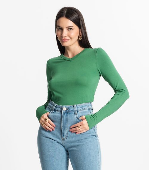 Blusa Manga Longa Decote V Básica Select Verde