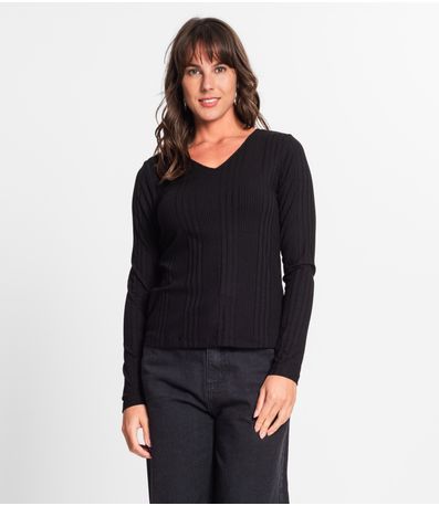 Blusa Manga Longa Em Ribana Canelada Rovitex Preto