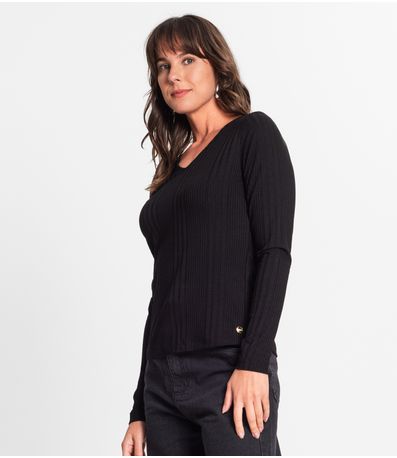 Blusa Manga Longa Em Ribana Canelada Rovitex Preto