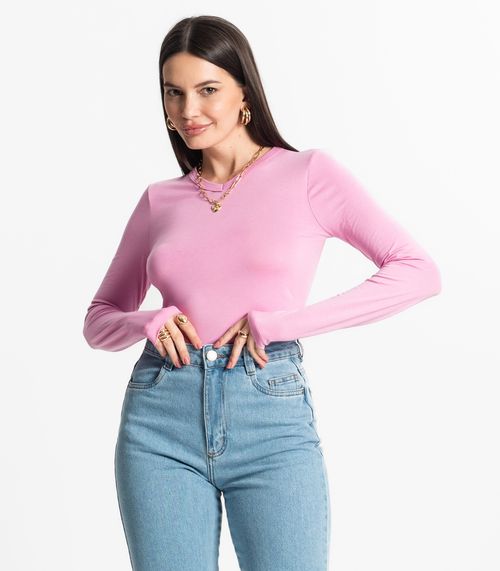 Blusa Manga Longa Decote V Básica Select Rosa