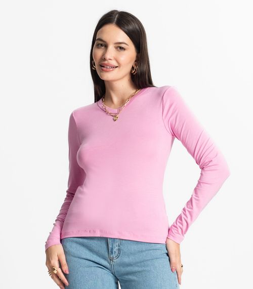 Blusa Manga Longa Decote V Básica Select Rosa
