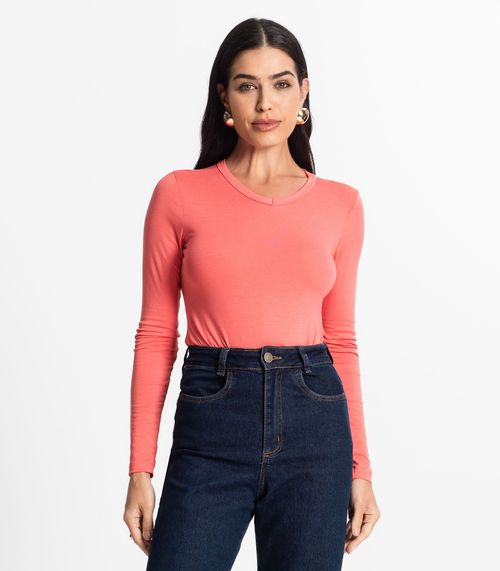 Blusa Manga Longa Decote V Básica Select Rosa