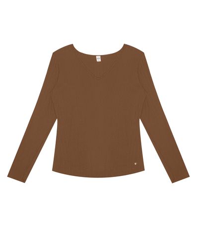 Blusa Manga Longa Em Ribana Canelada Rovitex Marrom