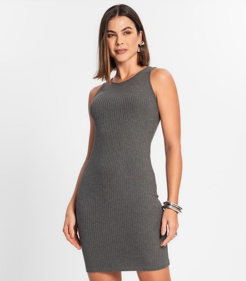 Vestido Curto Em Ribana Canelada Rovitex Cinza
