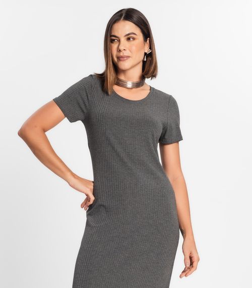 Vestido Midi Ribana Canelada Básico Rovitex Cinza