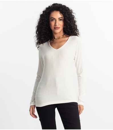 Blusa Manga Longa Em Ribana Canelada Rovitex Bege