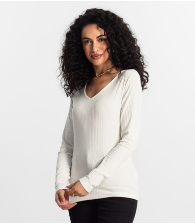 Blusa Manga Longa Em Ribana Canelada Rovitex Bege