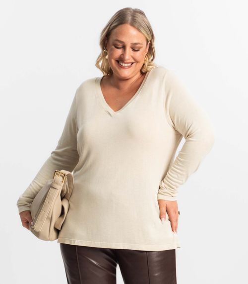Blusa Manga Longa Visco Tricot Secret Glam Bege