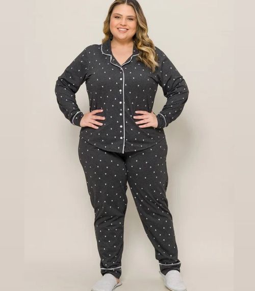 Pijama Plus Americano Manga Longa Evanilda Preto