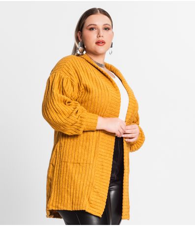 Cardigan Plus Size Em Canelado Tricot Secret Glam Amarelo