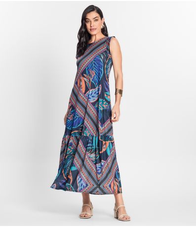 Vestido Feminino Longo Estampado Sem Manga Donna Preto