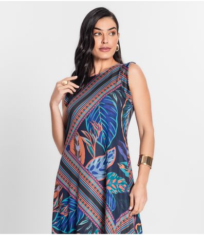Vestido Feminino Longo Estampado Sem Manga Donna Preto