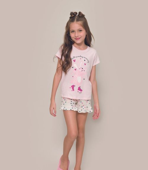 Pijama Infantil Menina Manga Curta Evanilda Rosa