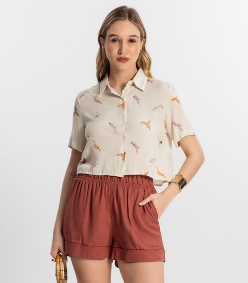 Camisa Feminina Manga Curta Viscose Select Off White