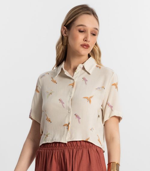 Camisa Feminina Manga Curta Viscose Select Off White