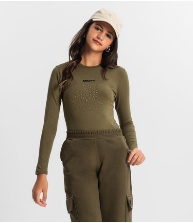 Blusa Juvenil Com Strass Manga Longa Minty Verde