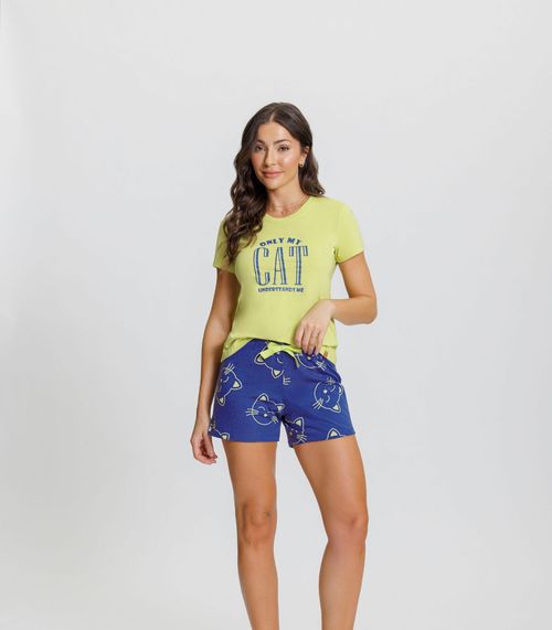 Pijama Feminino Manga Curta Mensageiro Dos Sonhos Amarelo