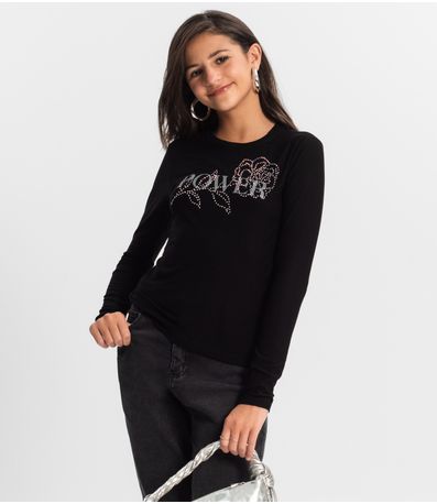 Blusa Juvenil Feminina Manga Longa Minty Preto