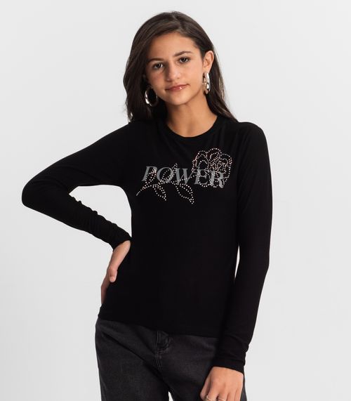 Blusa Juvenil Feminina Manga Longa Minty Preto
