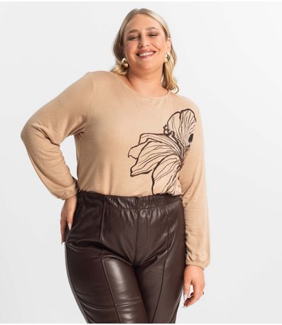 Blusa Feminina Plus Size Manga 7/8 Secret Glam Marrom