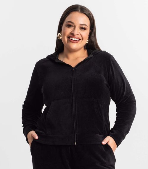 Jaqueta Feminina Plus Size Com Capuz Secret Glam Preto