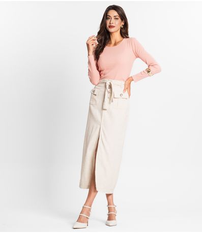 Saia Feminina Midi Linho Com Botões Sawary Bege