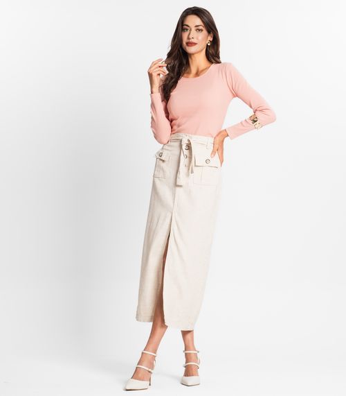 Saia Feminina Midi Linho Com Botões Sawary Bege