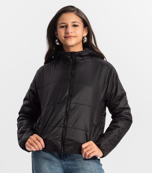Jaqueta Puffer Juvenil Feminina Com Capuz Minty Preto
