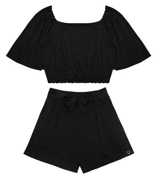 Conjunto Juvenil Cropped Com Shorts Em Lurex Minty Preto