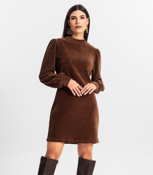 Vestido Curto Plush Manga Longa Endless Marrom