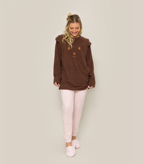 Pijama Feminina Manga Longa Em Teddy Evanilda Marrom