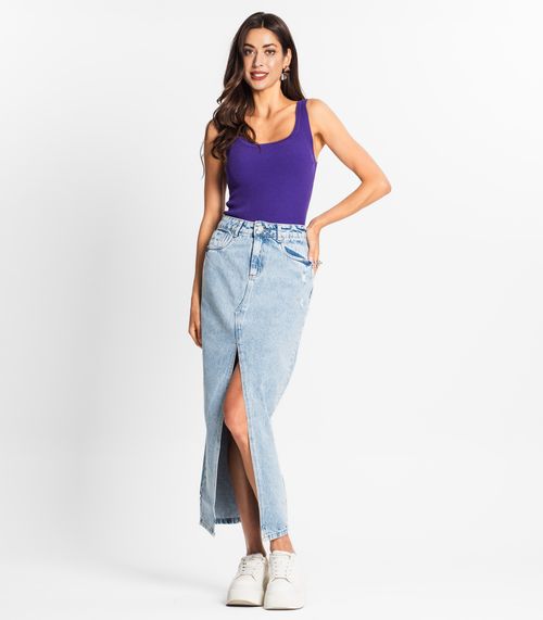 Saia Feminina Midi Jeans Com Fenda Sawary Azul