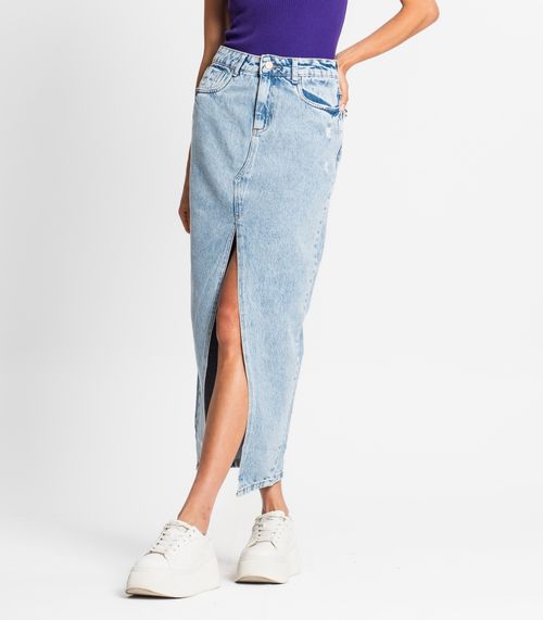 Saia Feminina Midi Jeans Com Fenda Sawary Azul