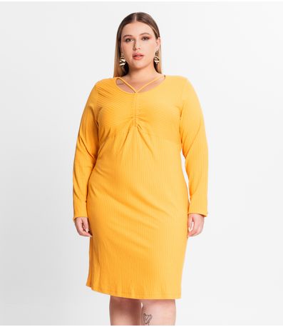 Vestido Plus Size Em Ribana Canelada Secret Glam Amarelo
