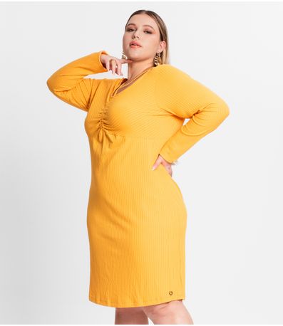 Vestido Plus Size Em Ribana Canelada Secret Glam Amarelo