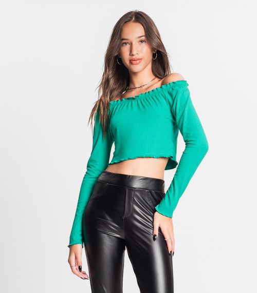 Blusa Juvenil Feminina Manga Longa Canelada Minty Verde