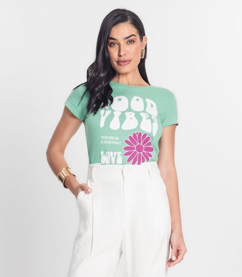 Blusa Baby Look Feminina Meia Malha Estampada MMT Verde