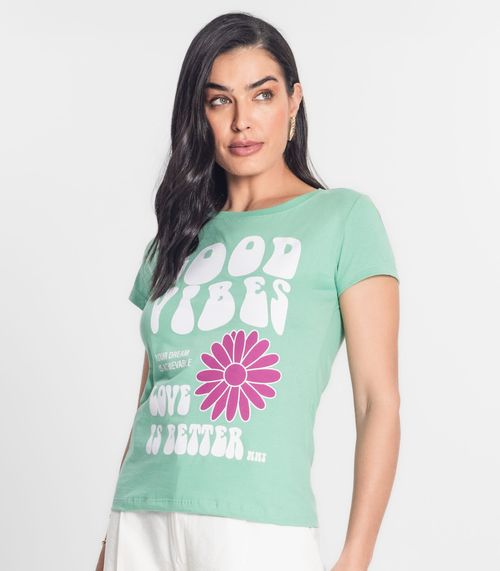 Blusa Baby Look Feminina Meia Malha Estampada MMT Verde