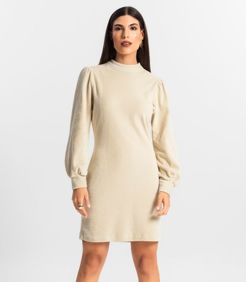 Vestido Curto Plush Manga Longa Endless Bege