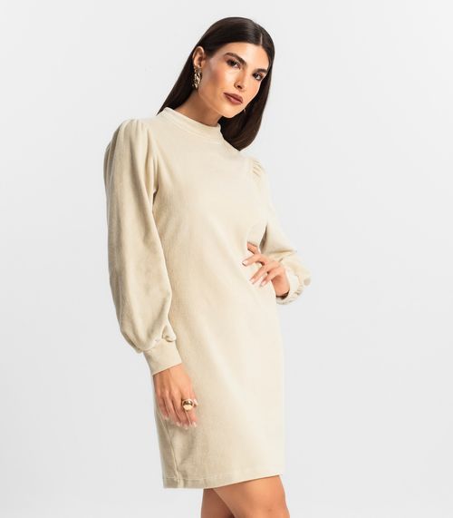 Vestido Curto Plush Manga Longa Endless Bege