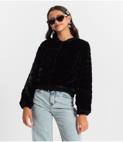 Jaqueta Juvenil Feminina Com Pelo Minty Preto