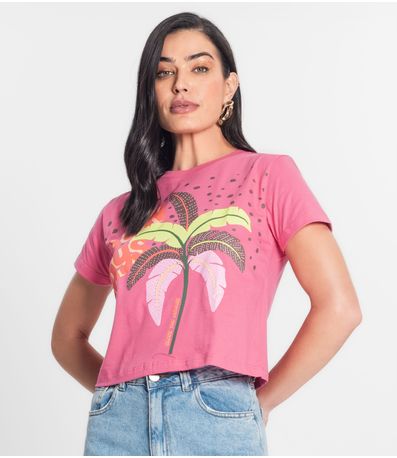 Blusa Cropped Feminina Meia Malha Estampada MMT Rosa