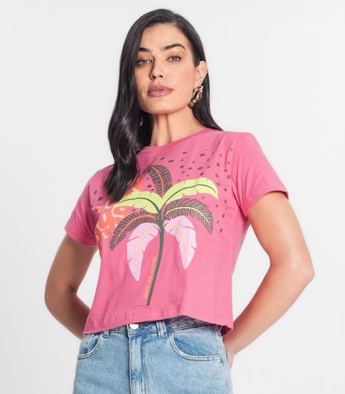 Blusa Cropped Feminina Meia Malha Estampada MMT Rosa