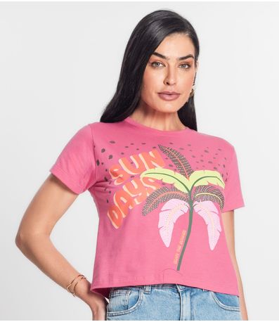 Blusa Cropped Feminina Meia Malha Estampada MMT Rosa