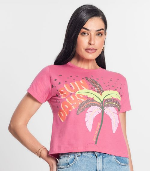 Blusa Cropped Feminina Meia Malha Estampada MMT Rosa
