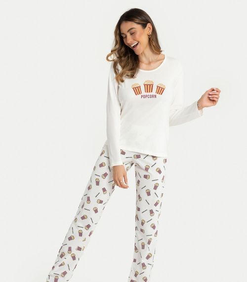 Pijama Feminino Estampa Popcorn Mensageira da Paz Branco