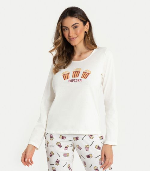 Pijama Feminino Estampa Popcorn Mensageira da Paz Branco