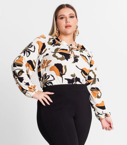 Blusa Estampada Manga Longa Plus Size Secret Glam Bege