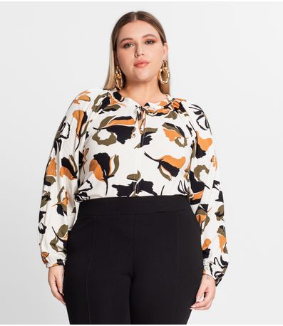 Blusa Estampada Manga Longa Plus Size Secret Glam Bege