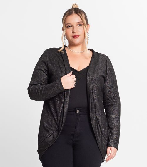 Cardigan Plus Size Em Ribana Canelada Secret Glam Preto